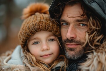 Close-up of a father and daughter sharing a tender moment in winter attire