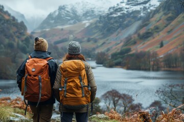 Pair of travelers with backpacks gazing at a vast mountain range in the autumn season - obrazy, fototapety, plakaty