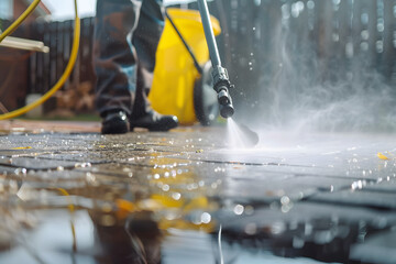 Deep cleaning under high pressure. Workers cleaning driveway with pressure washer, professional cleaning service, copy space - obrazy, fototapety, plakaty