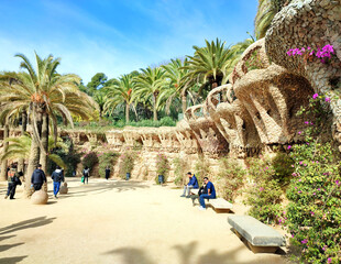 Park Güell is a privatized park system composed of gardens and architectural elements located on Carmel Hill, in Barcelona, Catalonia, Spain.