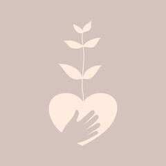 Nature care. Awareness of environmental conservation. Growing plant in hand with love. Leaf with heart symbol.