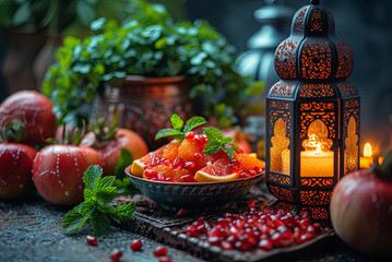 Bowl of fruit with a candle in front of it. The bowl is filled with oranges and pomegranates at iftar