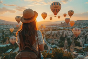A traveler woman gazes at numerous hot air balloons floating over Cappadocia at golden hour - obrazy, fototapety, plakaty