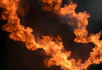 un feu avec des flammes  en 3D  en entier dans l'images avec les couleurs  chaudes sur fonds noir en entier dans l'image avec de la fumée noire et grise - obrazy, fototapety, plakaty