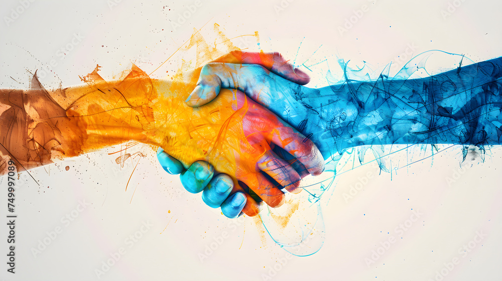 Poster Artistic representation of a handshake with vibrant splashes of paint