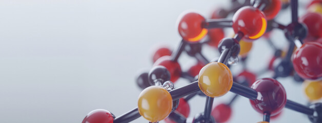 Abstract Molecular Structure Representation. 3D illustration of colorful molecules representing amino acids, with a soft-focus background.