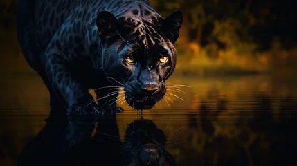 Tuinposter  Black panther drinking water in a lake reflection © Marukhsoomro