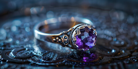 Elegant Amethyst Ring on Natural Backdrop. Close-up of a polished amethyst gemstone set in a sleek silver ring, copy space.