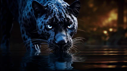   Black panther drinking water in a lake reflection © Marukhsoomro