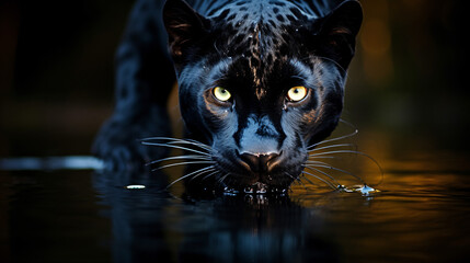  Black panther drinking water in a lake reflection