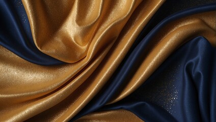 Luxury dark blue and golden silk fabric background. Elegant satin cloth texture banner