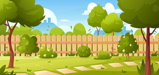 House backyard. Vector illustration of backyard with trees, bushes, green grass lawn, flowers and wood fence. Horizontal garden banner. Spring or summer landscape. Patio area for BBQ, birthday parties