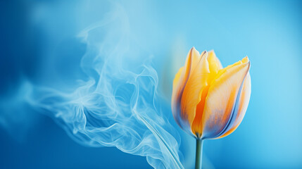 Blue yellow tulip flower on blue smoke background