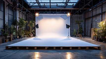 White Backdrop Setup in a Warehouse - obrazy, fototapety, plakaty