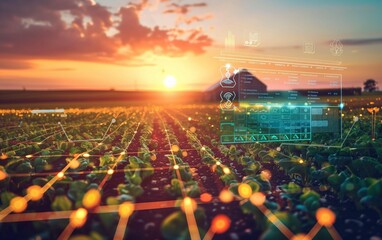 Precision Farming Technology at Sunset, Sunset over a high-tech agricultural field with digital monitoring interfaces showcasing precision farming. - obrazy, fototapety, plakaty