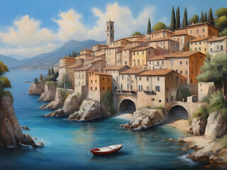 Beautiful city and Colorful Coast Landscape, generative ai