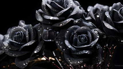 Close up of a black crystal roses on a black background