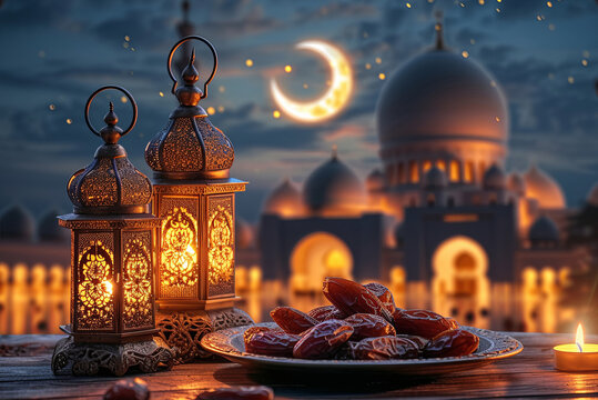 Ramadan iftar dates on wooden table and evening mosque background