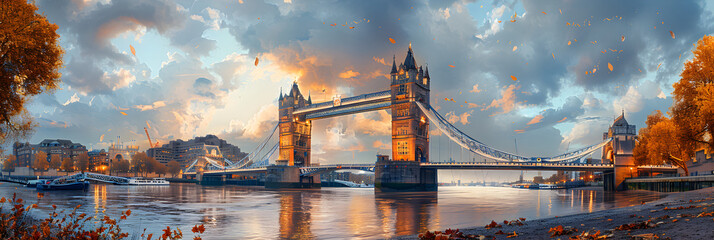 Panoramic View of the Famous Tower Bridge of London,
Illuminated landmark reflects on water majestic man made structure 
 - obrazy, fototapety, plakaty