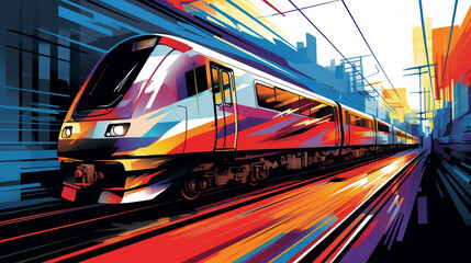 A vibrant abstract illustration of a train on a railway track showing speed and motion in a modern urban setting
