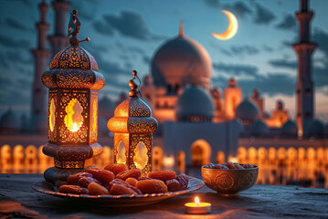 Ramadan iftar dates on wooden table and evening mosque background - obrazy, fototapety, plakaty