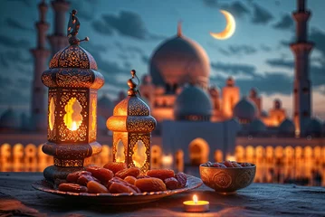 Foto op Plexiglas Ramadan iftar dates on wooden table and evening mosque background © Sunshine