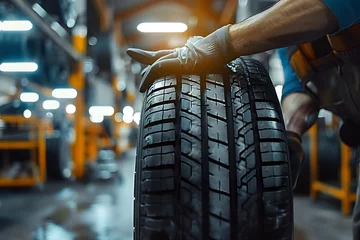 Fotobehang tire at repairing service garage background. Technician man replacing winter and summer tire for safety road trip. Transportation and automotive maintenance concept © Prasanth