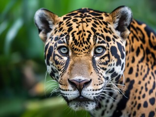 A captivating close-up of a jaguar, its gaze piercing through the surroundings, showcasing its majestic beauty