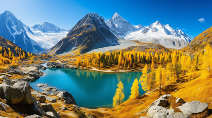 Bright colorful yellow autumn mountain lake