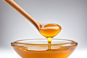 honey dripping from a wooden spoon - obrazy, fototapety, plakaty