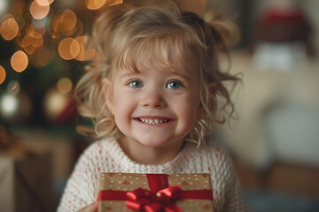 Fototapeta na wymiar Child Opening A Present With A Big Smile And Sparkling Eyes