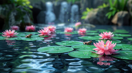 Water Lilies Pond Next to Waterfall