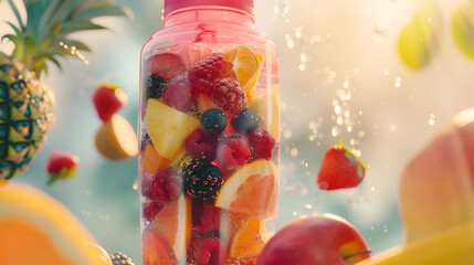 Blender Shaker with fruits in it Bottle, close-up, fresh background