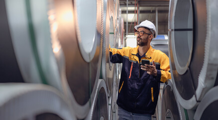 Latino engineer in safety helmet uniform working in heavy steel engineering factory. Hispanic...