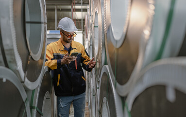 Latino engineer in safety helmet uniform working in heavy steel engineering factory. Hispanic technician manager worker using mobile inspecting metalwork product manufacturing facility workplace