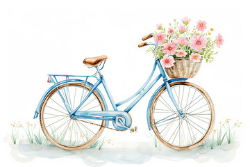 Fototapeta na wymiar beautiful elegant minimal design of bicycle for women with pastel flowers in the front basket, watercolour style, white background Generative AI