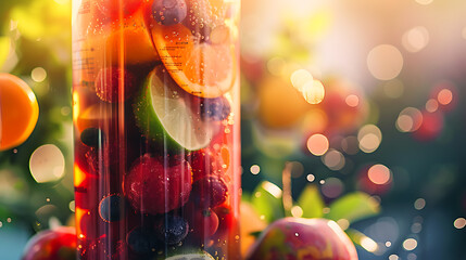 Blender Shaker with fruits in it Bottle, close-up, fresh background