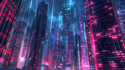 Cyberpunk cityscape with neon skyscrapers