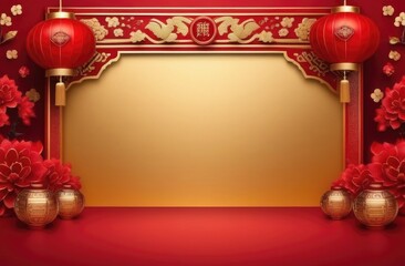Happy Chinese New Year banner backdrop template. Decoration traditional festival paper fans with lantern on red background.