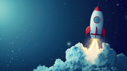 Cartoon Rocket Launching into Starry Sky, Illustration of a cartoon rocket blasting off into a dark blue starry sky with clouds of smoke. - obrazy, fototapety, plakaty
