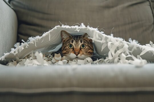 Culprit Cat Hiding Under Sofa with Guilty Expression, Surrounded by Shredded Toilet Paper in Chaotic Scene - Concept of Mischief and Playfulness