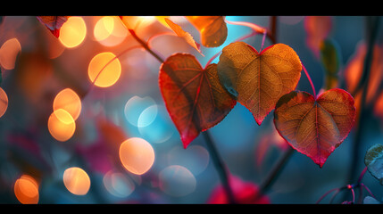Heart shaped leaves on bokeh glowing background. generative ai