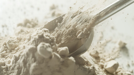 Close-up of a scoop delicately releasing protein powder in slow motion, set against a bright white backdrop
