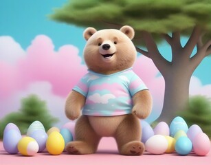 3. Illustration with 3d rendering, cute bear and tree and cloud and pastel egg background. 