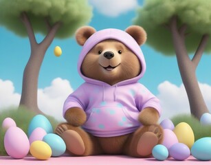 Illustration with 3d rendering, cute bear and tree and cloud and pastel egg background. 