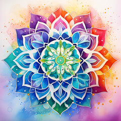 Sparkling mandala, yoga, symbols, bright watercolor colors Generative AI