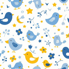 Naklejka premium Cute Floral Star Moon Bird Seamless Pattern