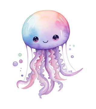 Jellyfish, watercolor clipart illustration with isolated background.