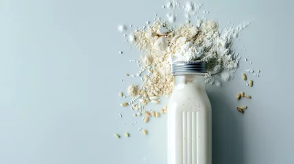 Gordijnen Bottle with protein shake and powder on white background © Lisanne