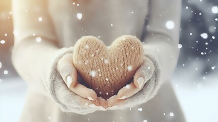 Fototapeta premium Female hands in beige knitted mittens 